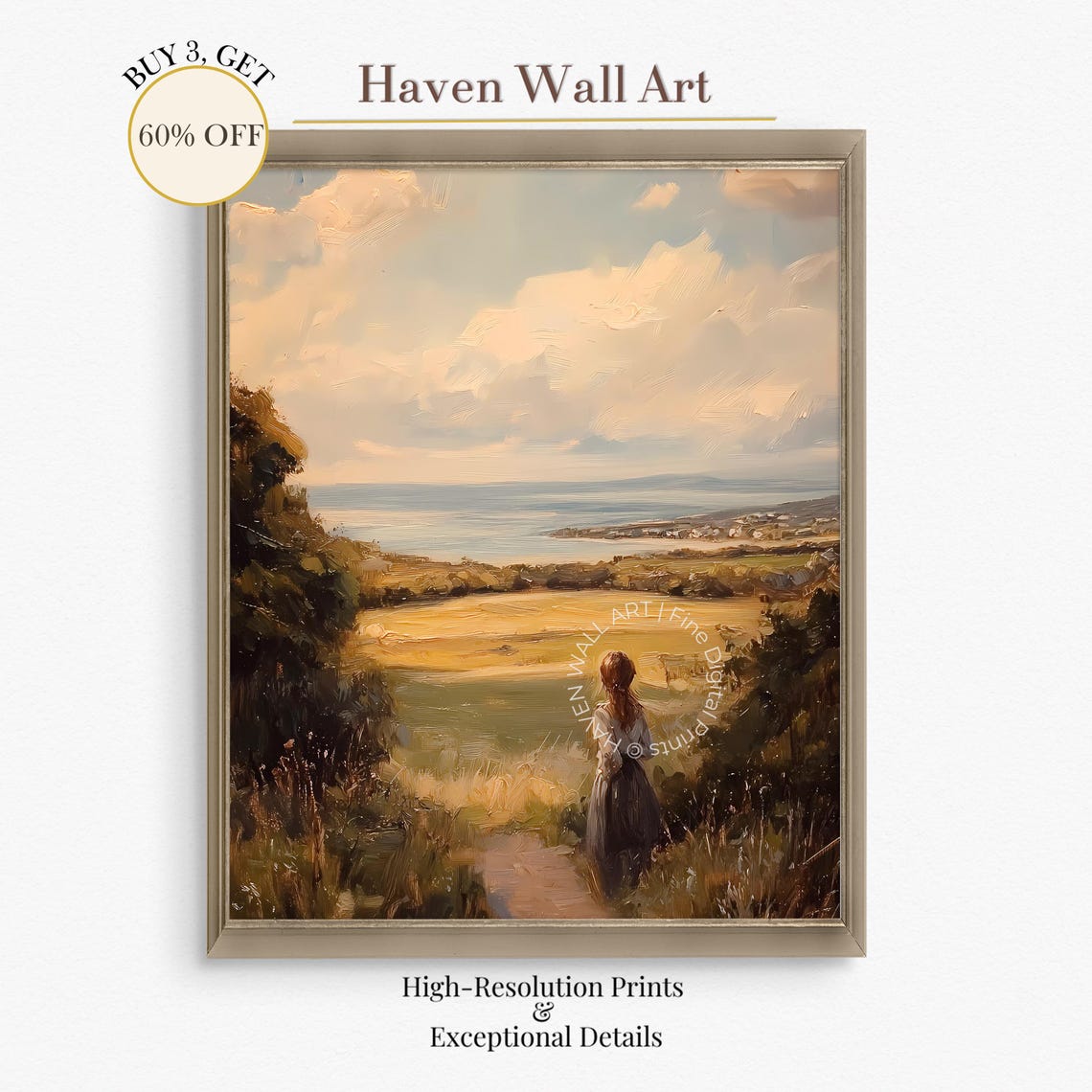 Woman Overlooking Bay Golden Fields Impressionist Coastal Art Poster
