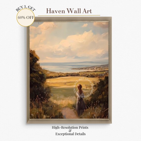 Woman Overlooking Bay Golden Fields Impressionist Coastal Art Poster