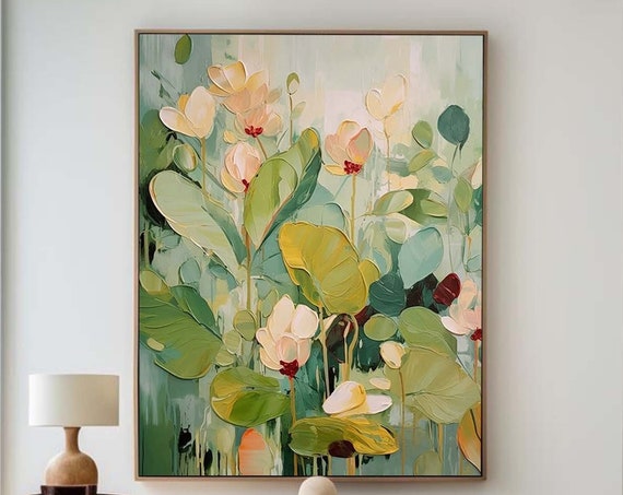 Green Floral Abstract Oil Painting, Garden Art Print