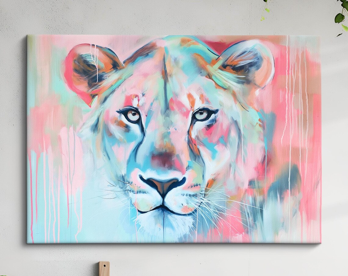 Lioness Pink Teal Pastel Abstract Face Close Up Wildlife Art Poster