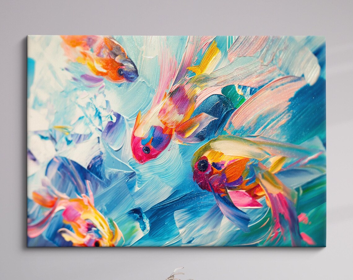 Colorful Fish Underwater Swirl Blue Pink Abstract Ocean Wall Art