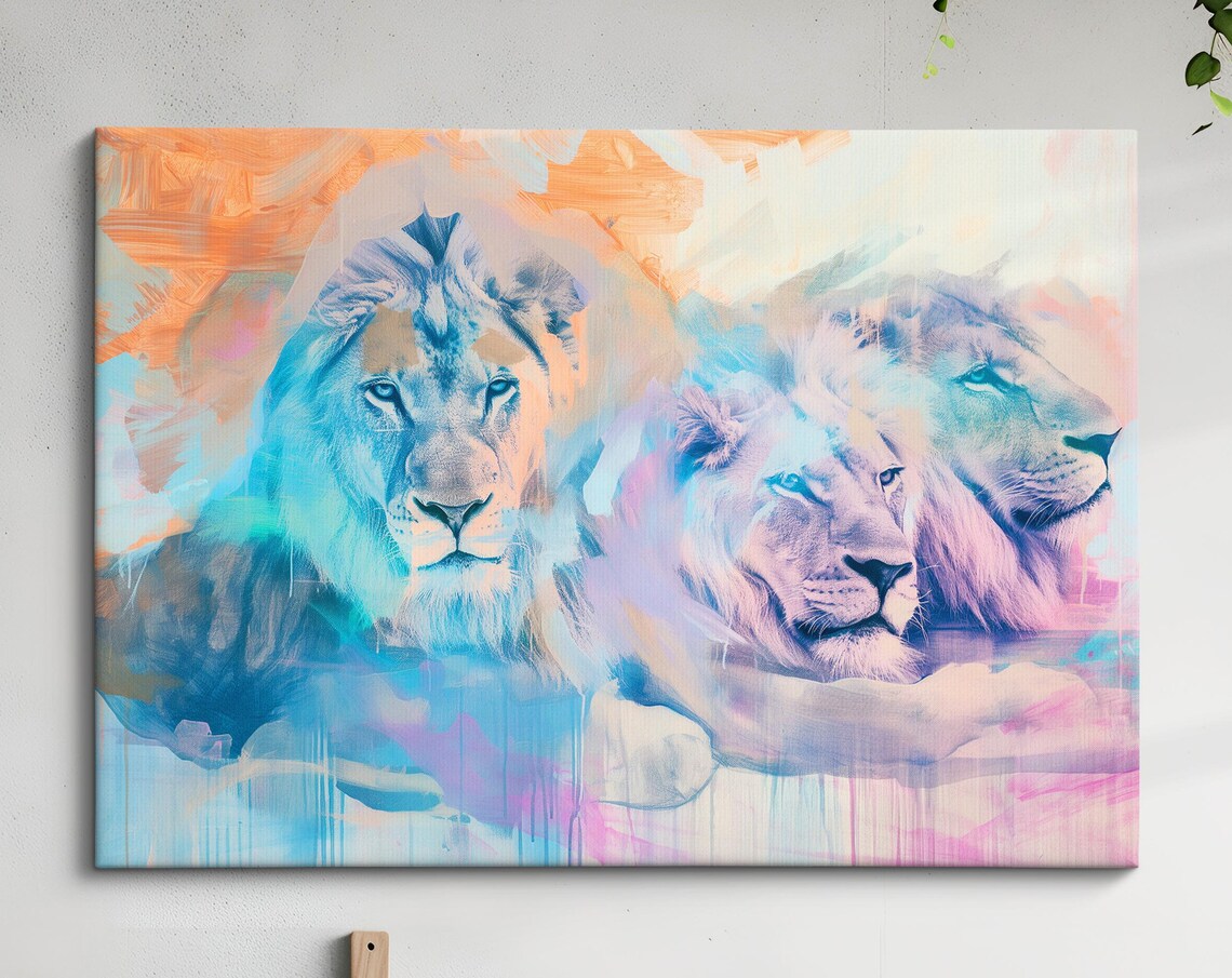 Lion Pride Trio Soft Watercolor Blue Orange Abstract Wildlife Poster