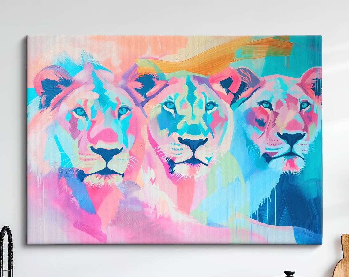 Three Lions Neon Pink Blue Pop Art Abstract Wildlife Wall Art Poster