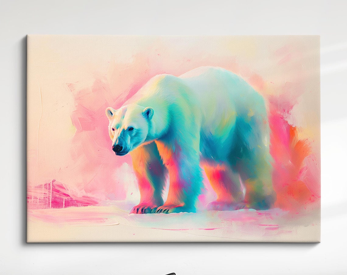 Polar Bear Walking Colorful Pink Teal Abstract Wildlife Wall Art
