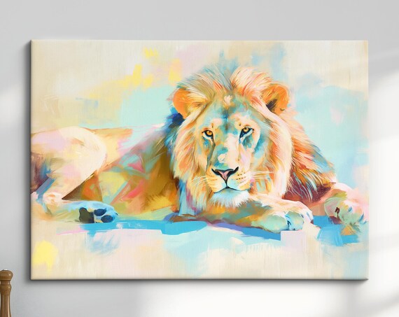 Lion Resting Pastel Watercolor Full Body Abstract Wildlife Art Poster