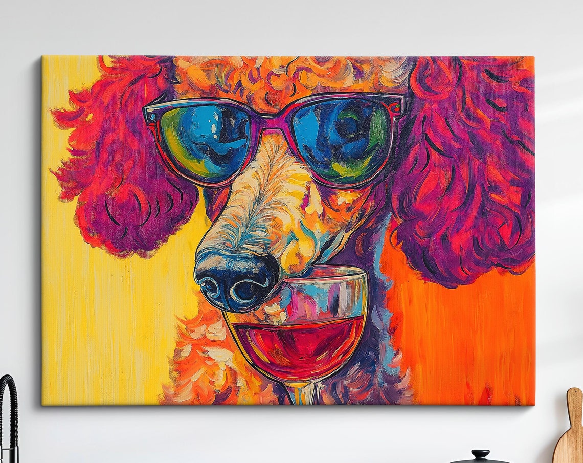 Poodle Dog Sunglasses Drinking Red Wine Vibrant Orange Pop Art Poster