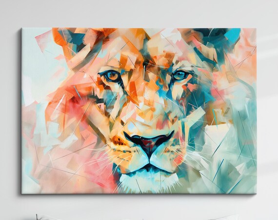 Lioness Geometric Fragmented Orange Teal Modern Abstract Art Poster