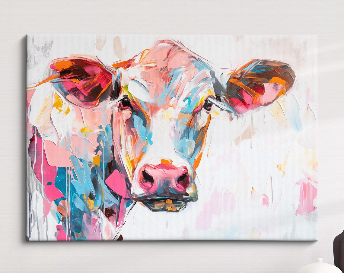 Cow Head Colorful Pastel Abstract Farm Animal Portrait Wall Art