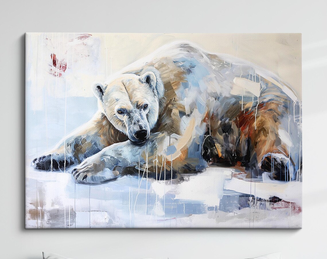 Polar Bear Resting Muted Beige Blue Abstract Wildlife Wall Art