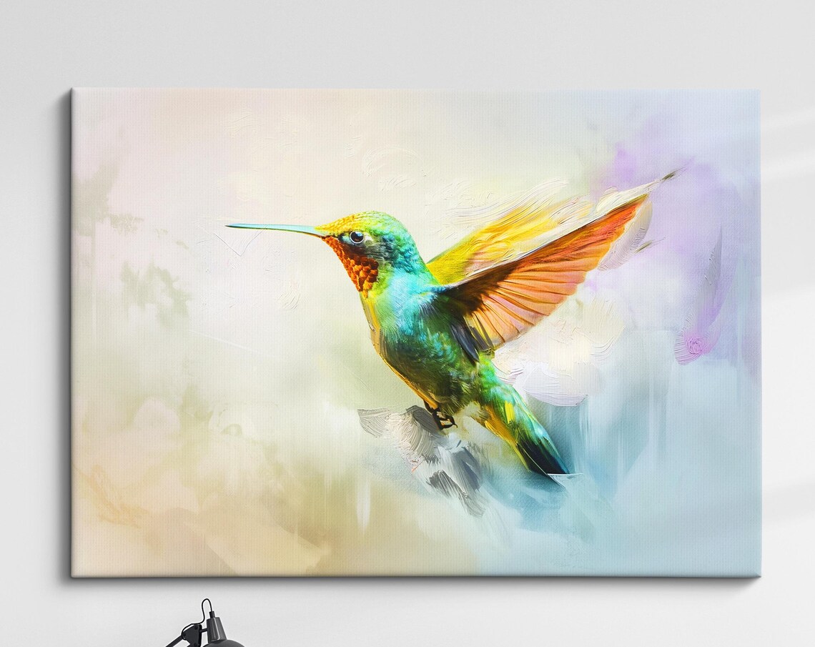 Hummingbird Vibrant Green Orange Watercolor Flight Abstract Art Poster