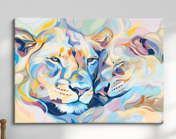 Pastel Lions Abstract Oil Painting Colorful Big Cats Face Animal Wall Art Poster