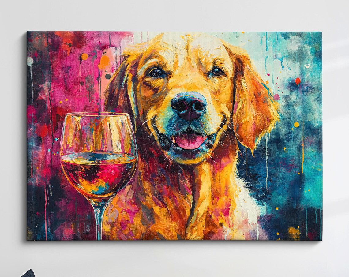 Golden Retriever Red Wine Glass Magenta Teal Watercolor Dog Art Print