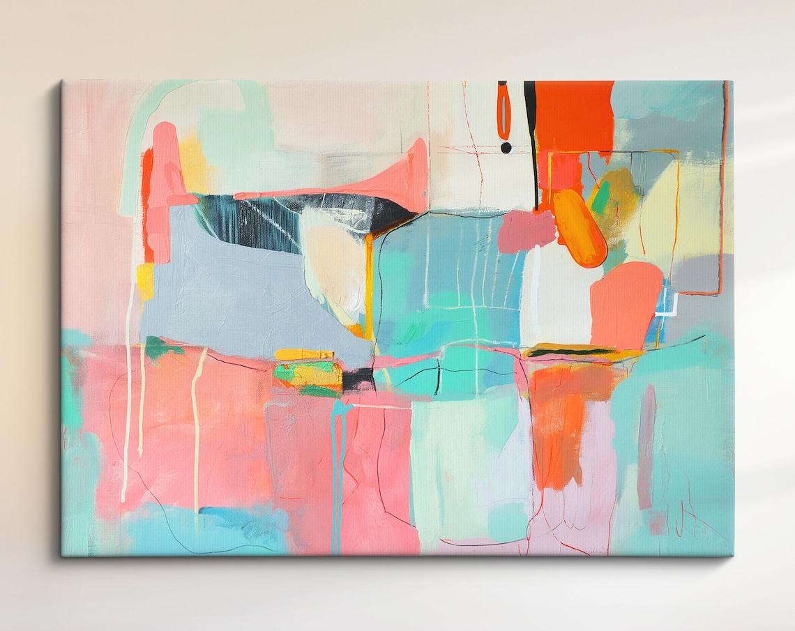 Pastel Abstract Geometric Blocks Pink Blue Minimalist Modern Art Print
