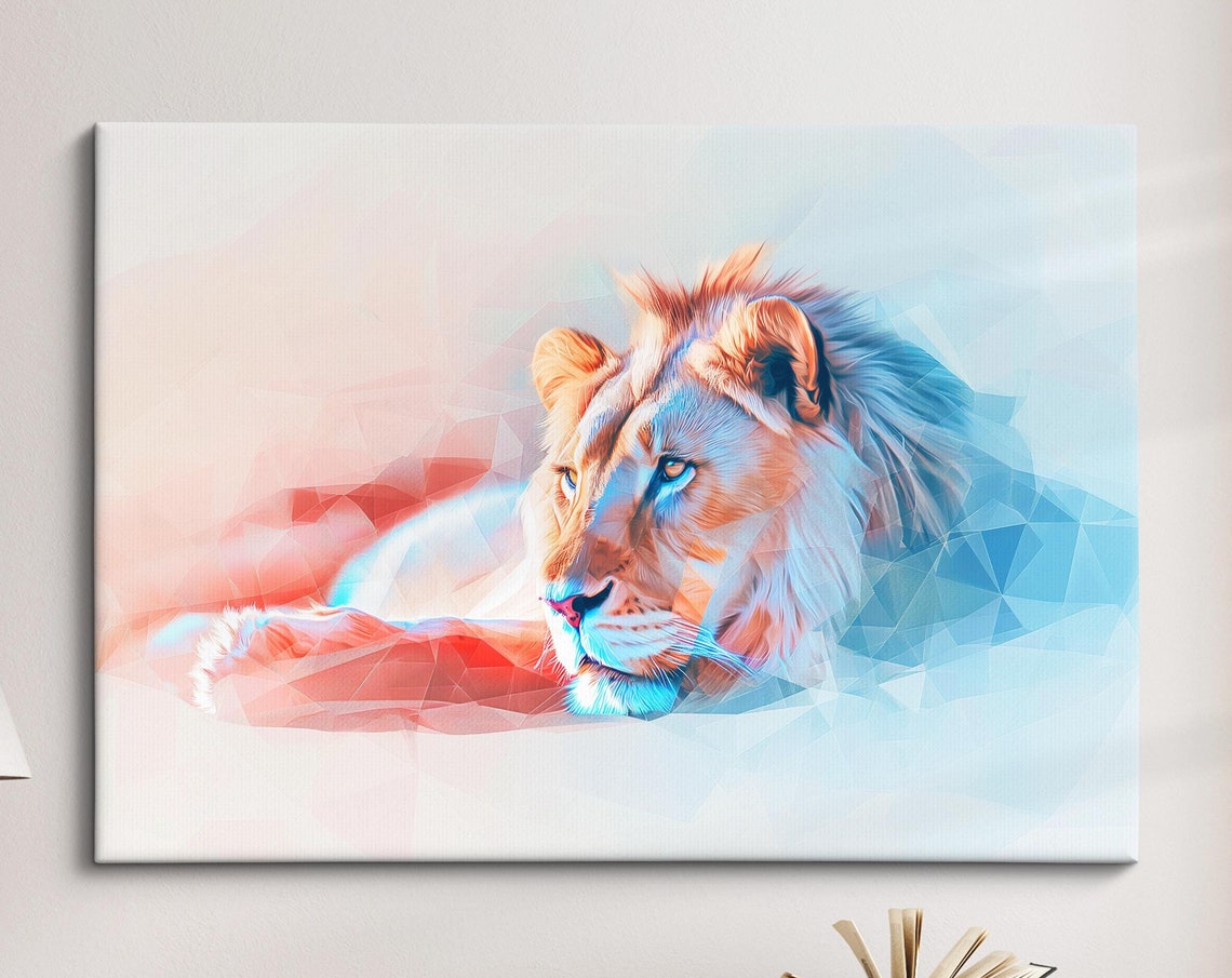 Lion Low Poly Geometric Pastel Pink Blue Abstract Wall Art Poster