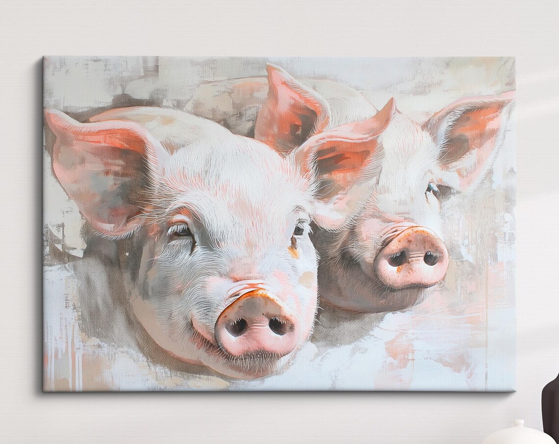Two Cute Piglets Soft Pastel Portrait Playful Farm Animal Wall Art