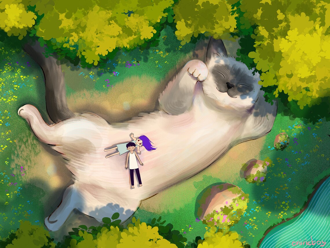 Dreamy Floating Sky Kiss Couple and Cat Anime Illustration Art Poster - Image 3