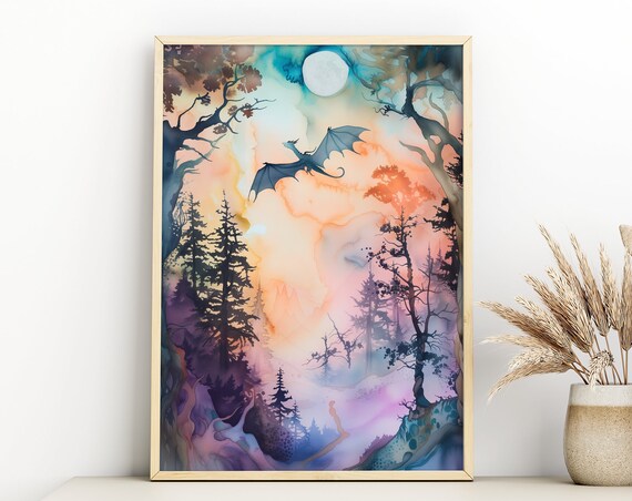 Dragon Flying Over Moonlit Forest Watercolor Pastel Fantasy Nursery Wall Art