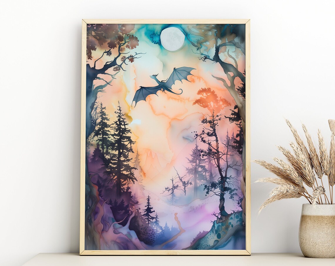 Nursery Forest Dragon Watercolor Art Poster Print Fantasy Art Forest And A Dragon Fantasy Painting Watercolor Illustration Dark Academia