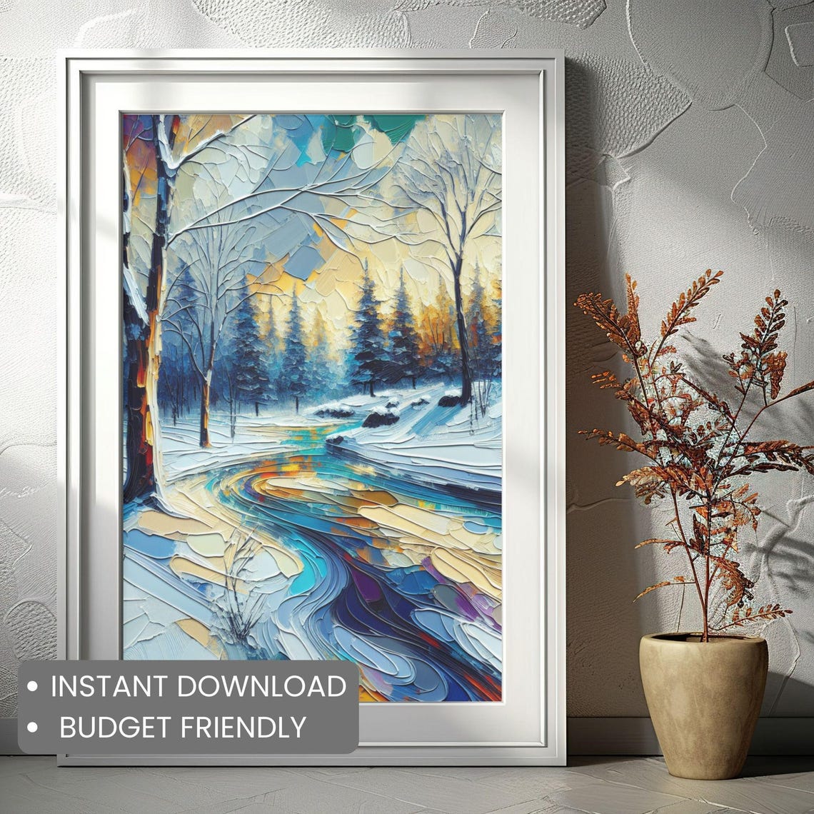 Peaceful Snowy Winter Landscape Colorful Stream Forest Wall Art - Image 2