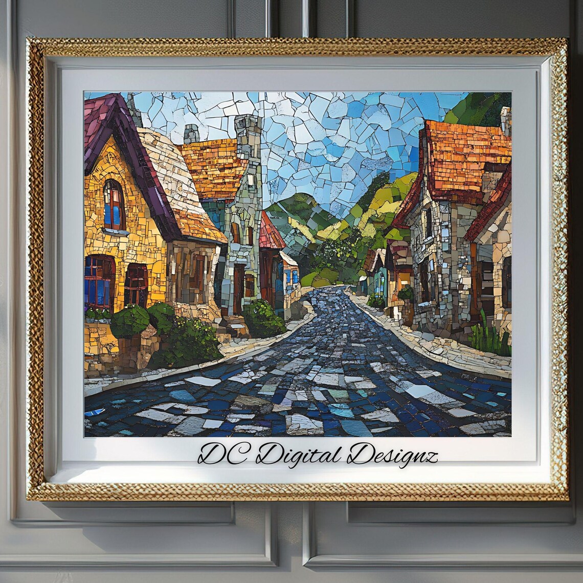 Stained Glass Village Cobblestone Street Hills Houses Mosaic Poster