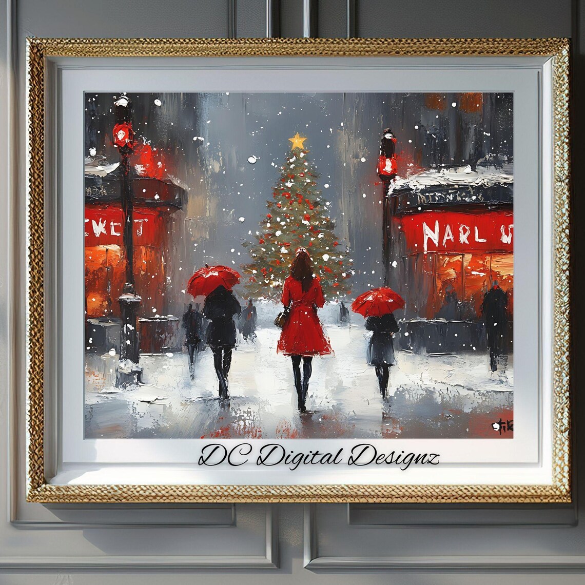 Snowy City Christmas Street Tree Red Umbrellas Impressionist Poster