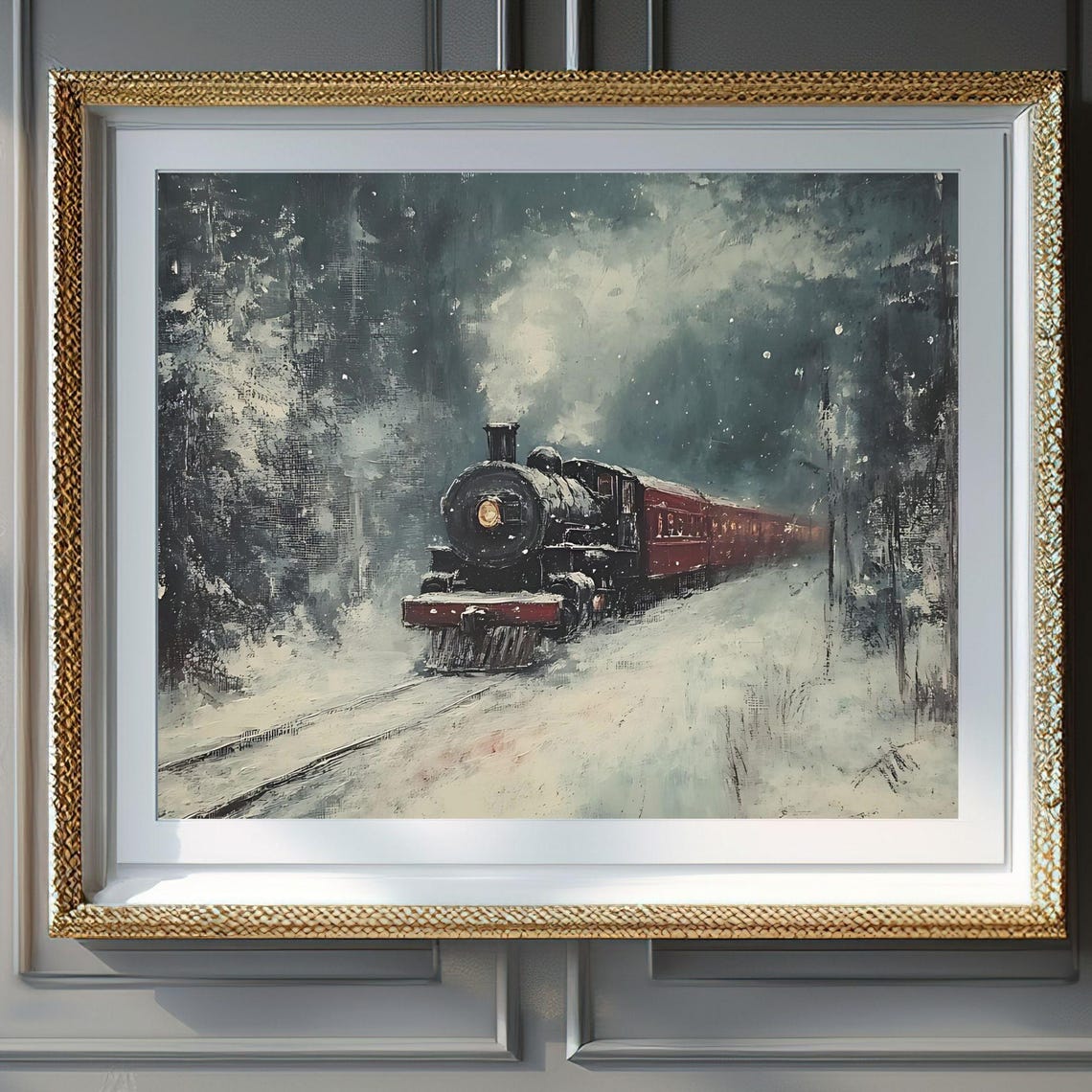 Polar Steam Train Snowstorm Night Moody Acrylic Winter Painting Poster