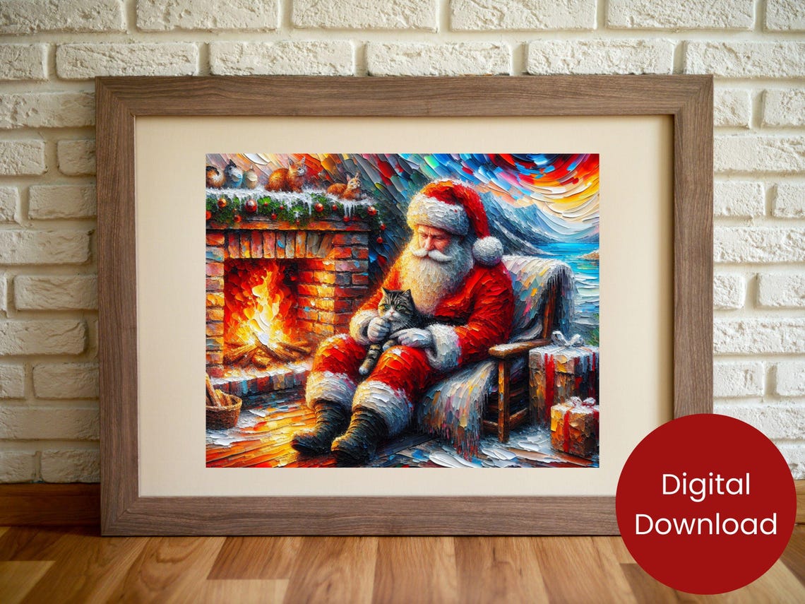 Santa Claus Holding Kitten By Fireplace Palette Knife Art Poster