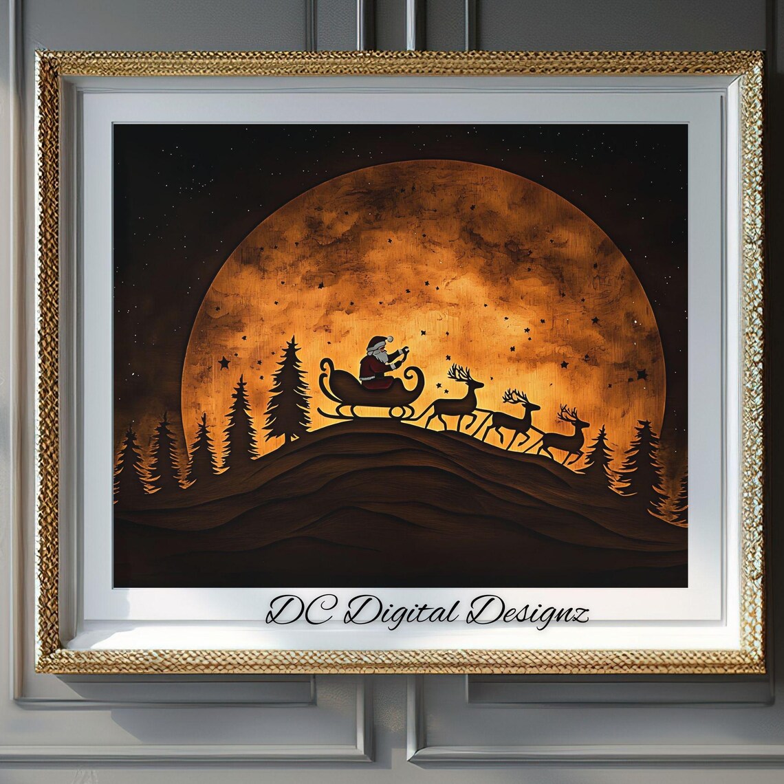 Santa On Sleigh With Reindeer, Watercolor Christmas