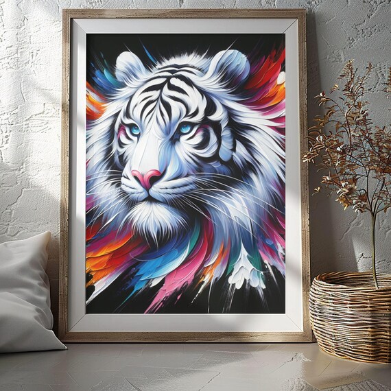 White Tiger Blue Eyes Colorful Pop Art Wildlife Portrait Painting Poster