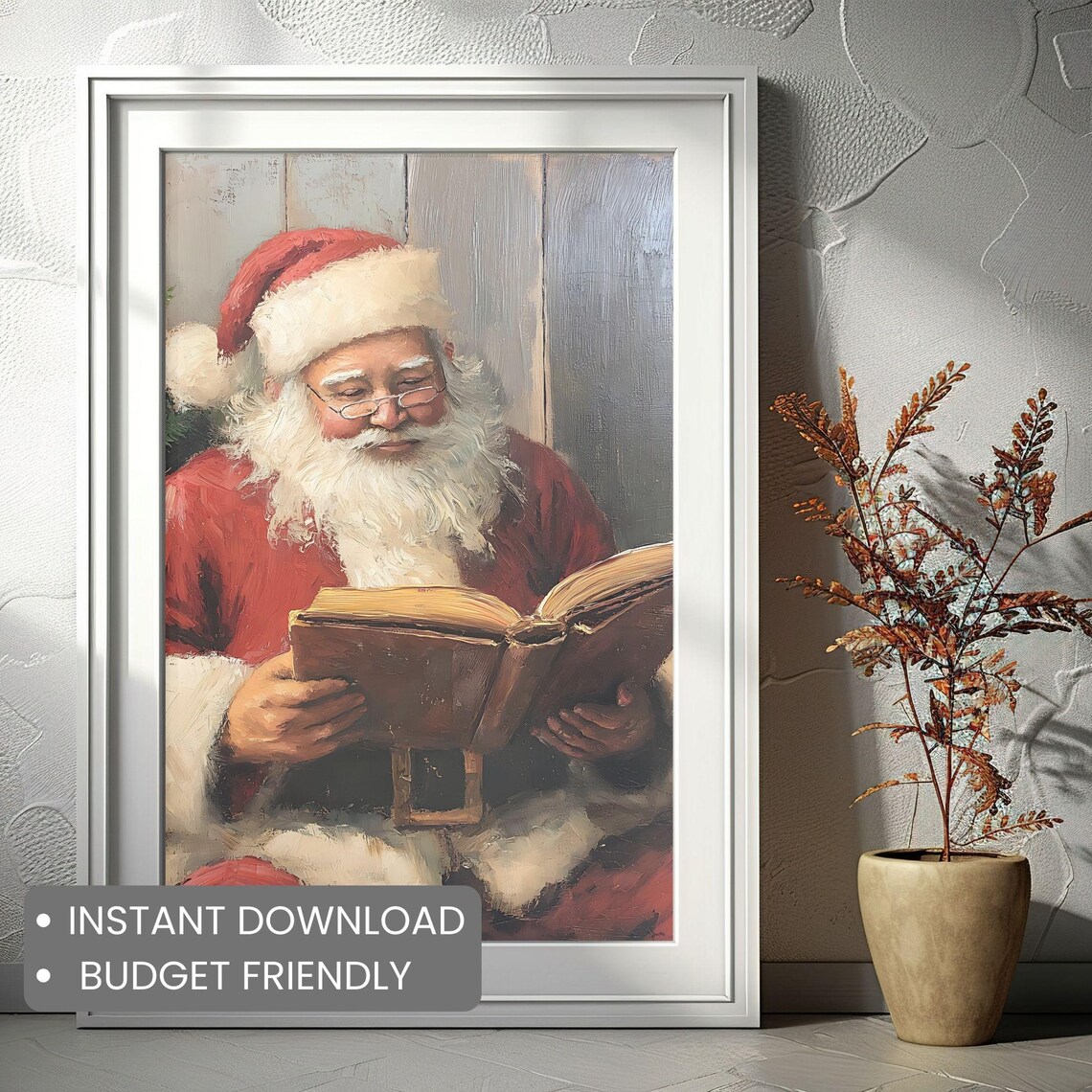 Santa Claus Reading Big Christmas Book Cozy Vintage Painting Poster - Image 2