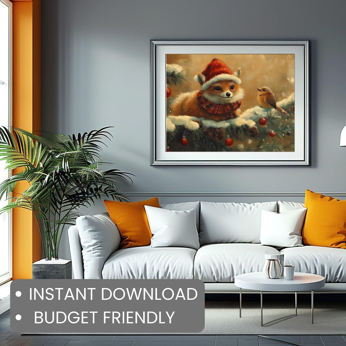 Adorable Baby Fox Santa Hat Bird Woodland Christmas Scene Poster - Image 2