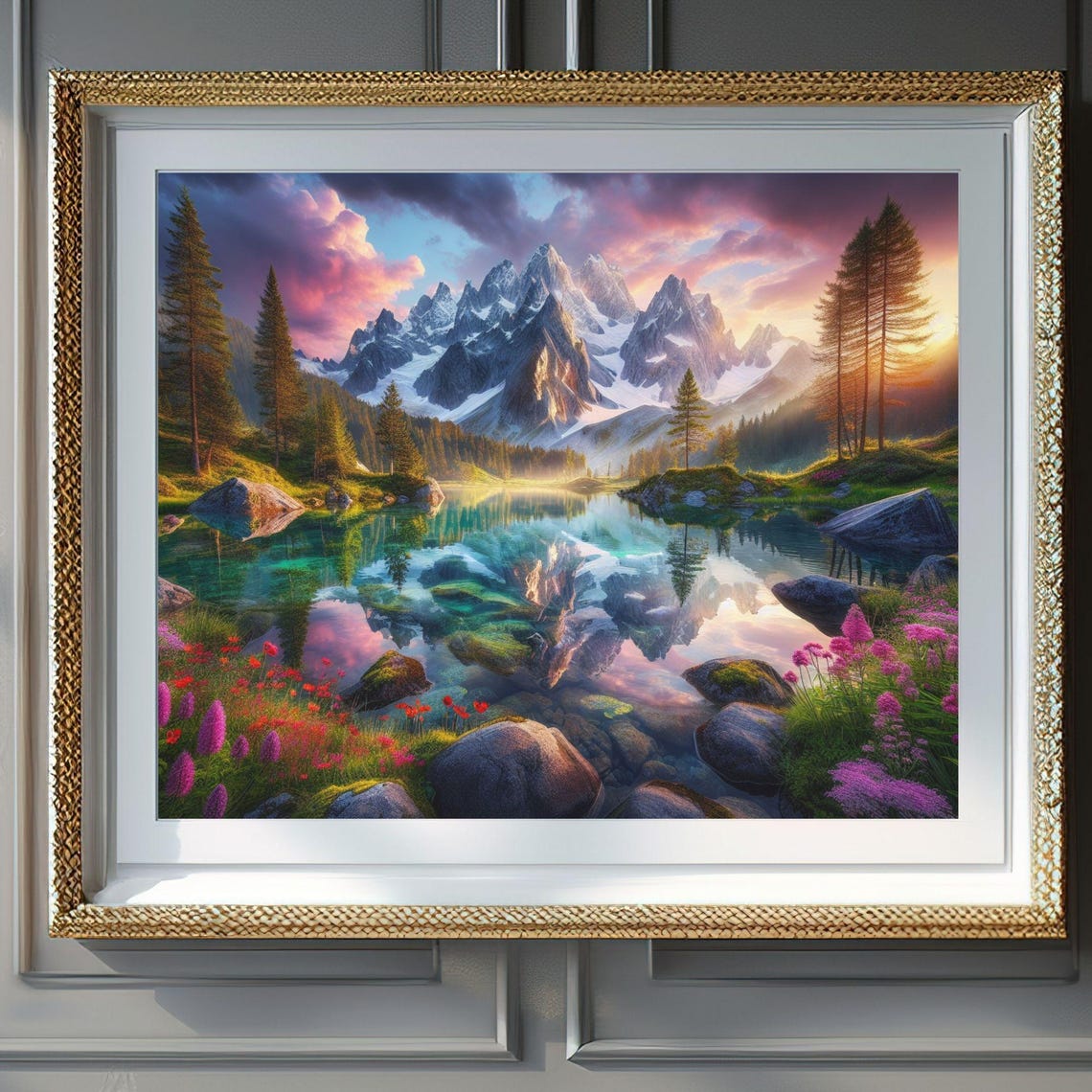 Tranquil Alpine Lake Spring Mountain Sunset Reflection Wall Art