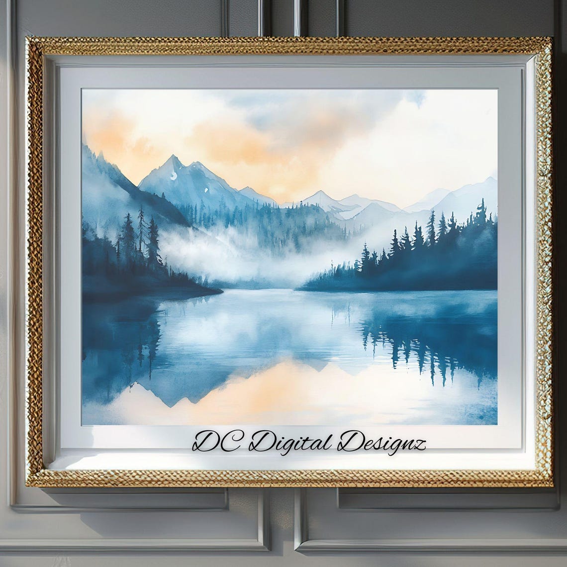 Misty Mountain Lake at Sunrise Watercolor Reflection Nature Poster