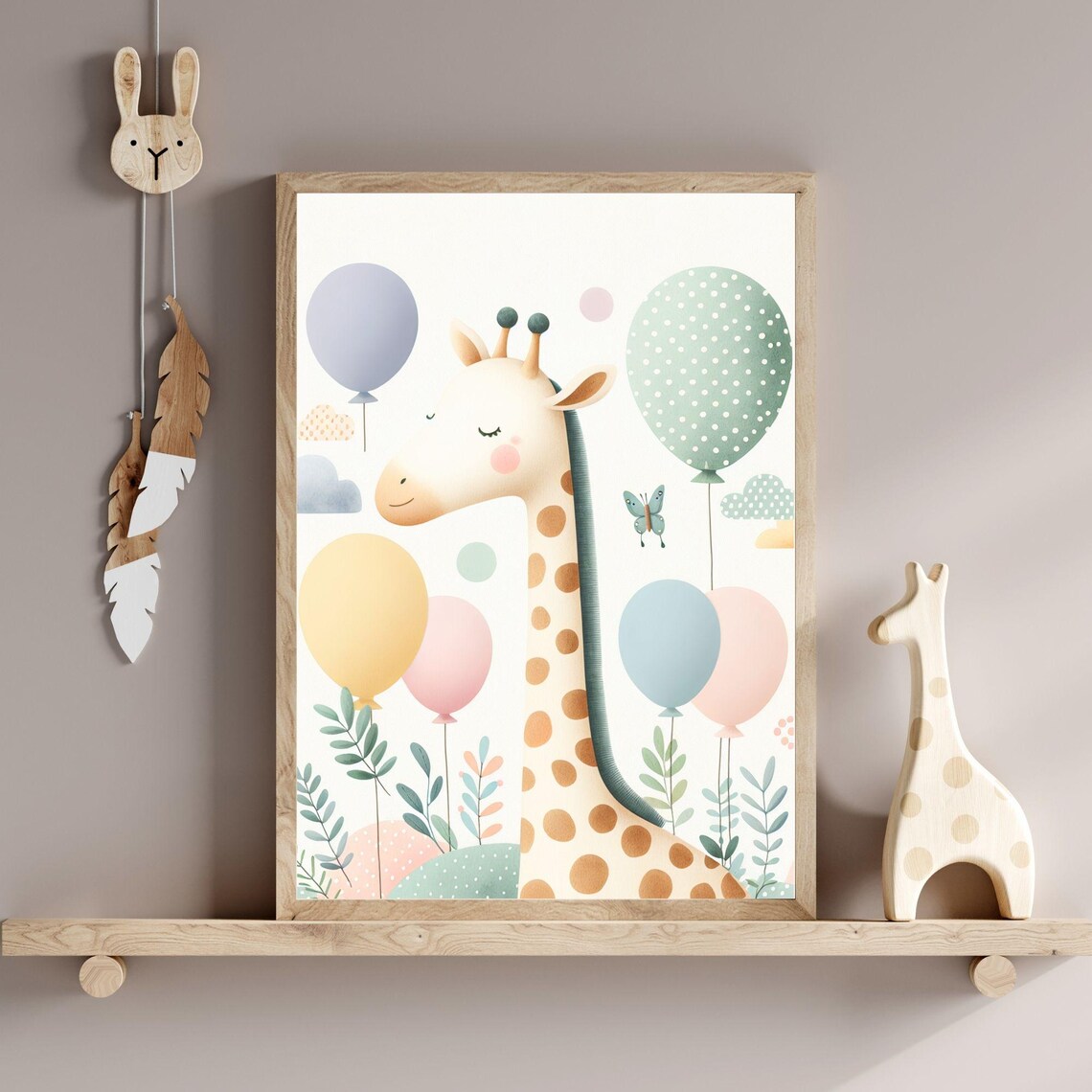 Cute Watercolor Giraffe Pastel Balloons Safari Nursery Baby Poster