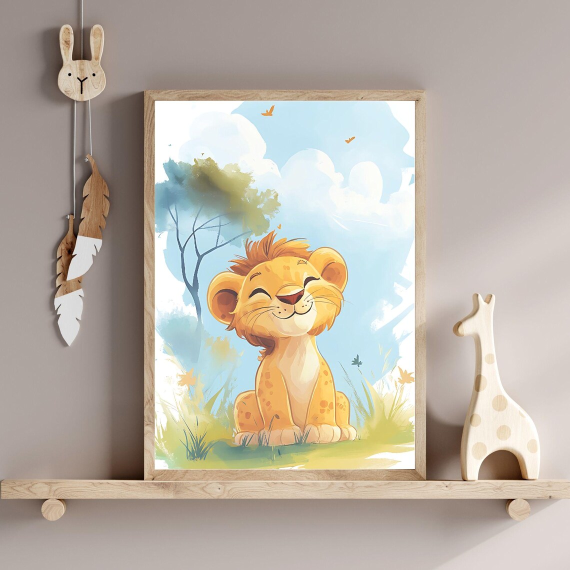 Laughing Lion Cub Watercolor Happy Savanna Safari Nursery Poster