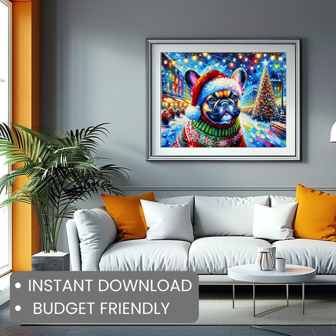 French Bulldog Santa Hat Sweater Night Market Christmas Dog Poster - Image 2