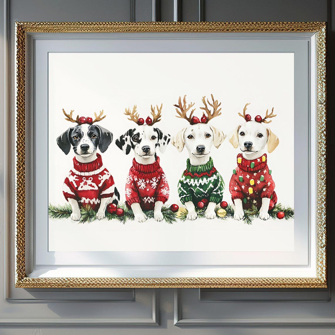 Four Dalmatian Puppies Christmas Sweaters Antlers Holiday Poster