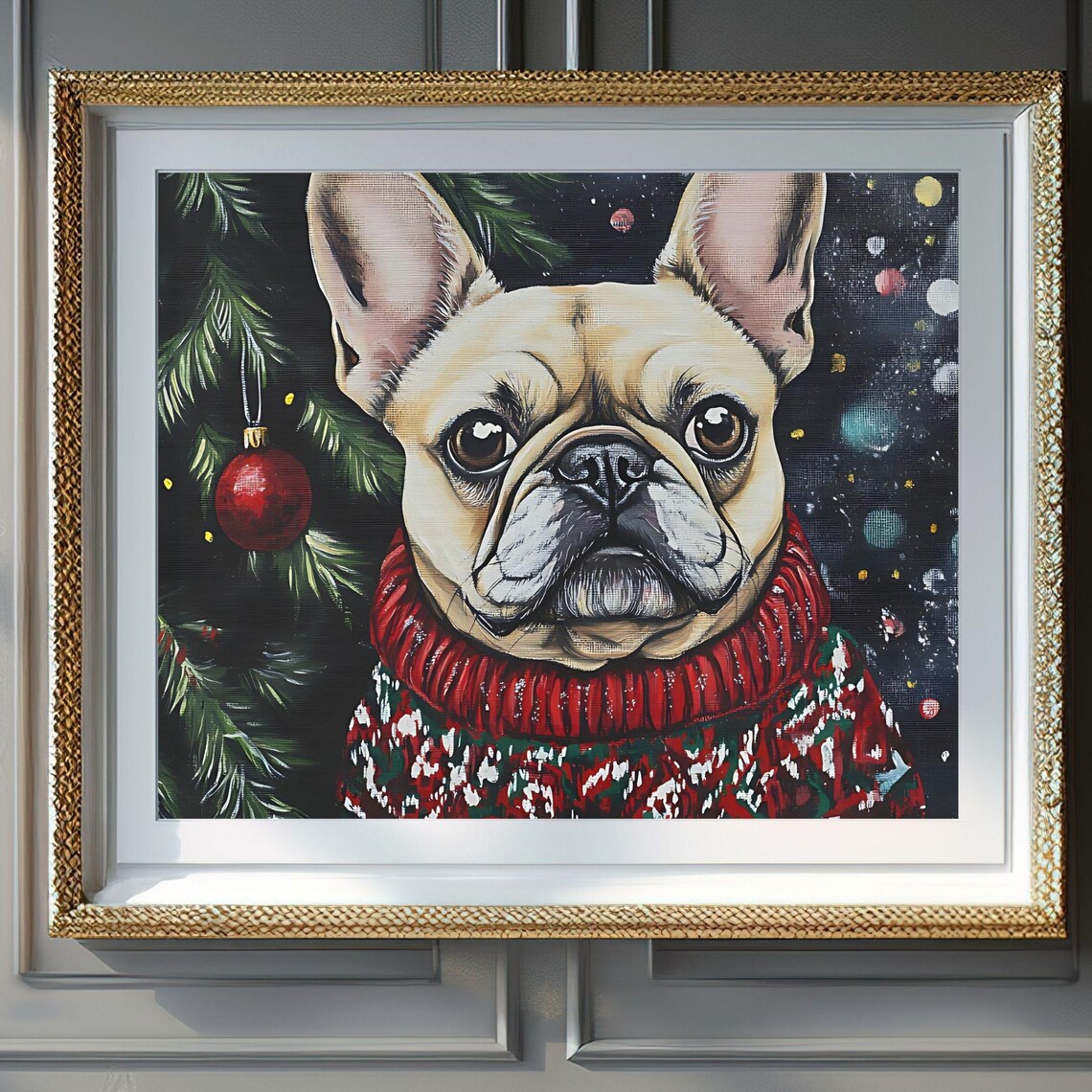 French Bulldog Red Christmas Sweater Starry Night Portrait Poster