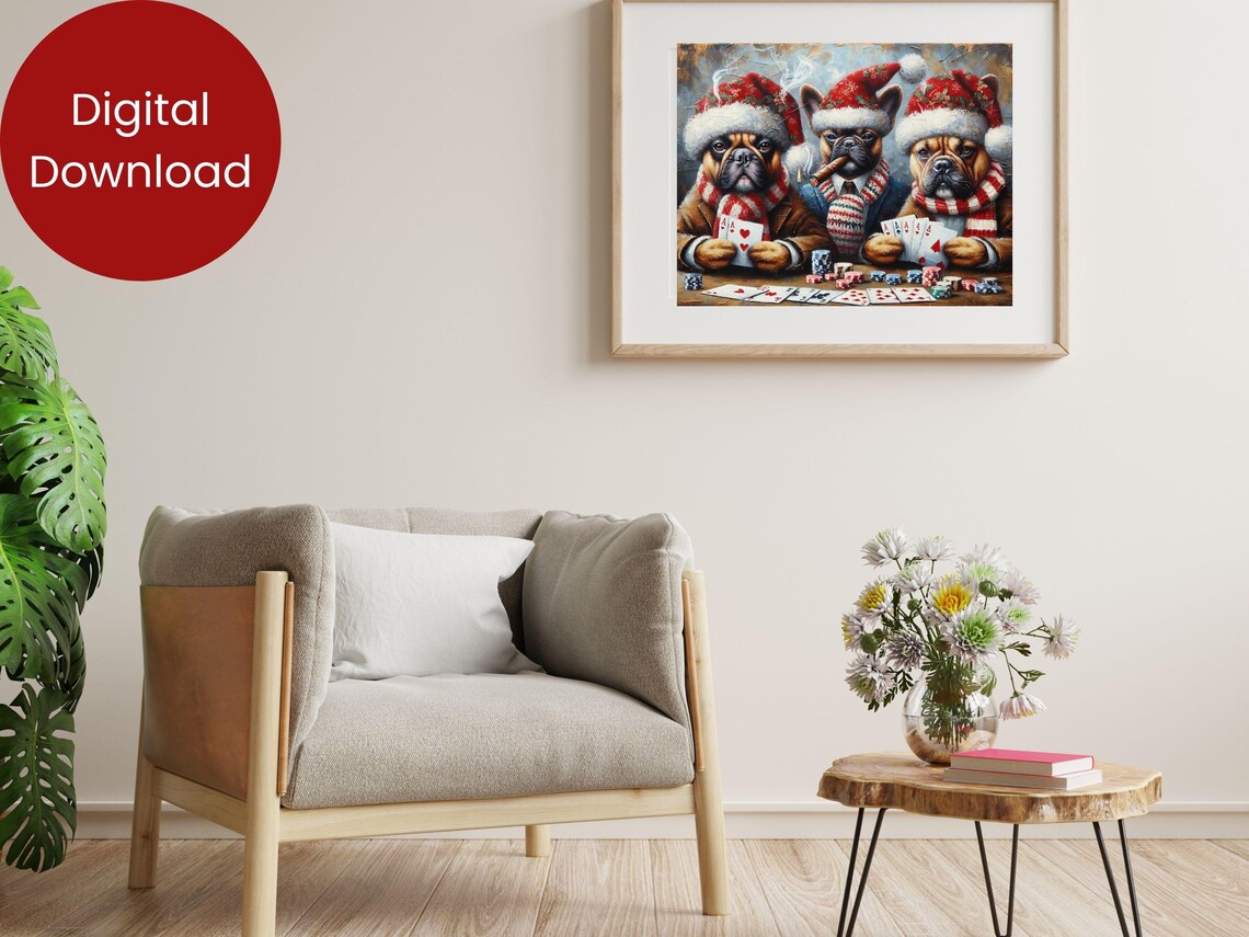 French Bulldogs Playing Poker In Santa Hats Christmas Dog Poster - Image 2