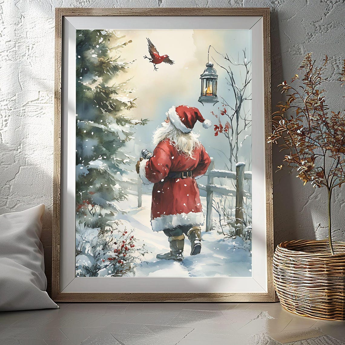 Santa Claus Snowy Path Red Cardinal Lantern Winter Scene Poster