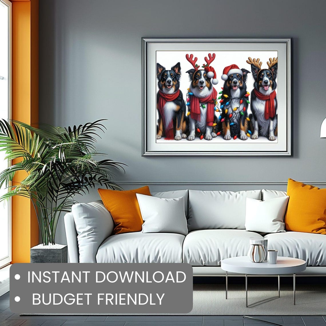 Four Border Collies in Christmas Scarves Lights Dogs Wall Art - Image 2