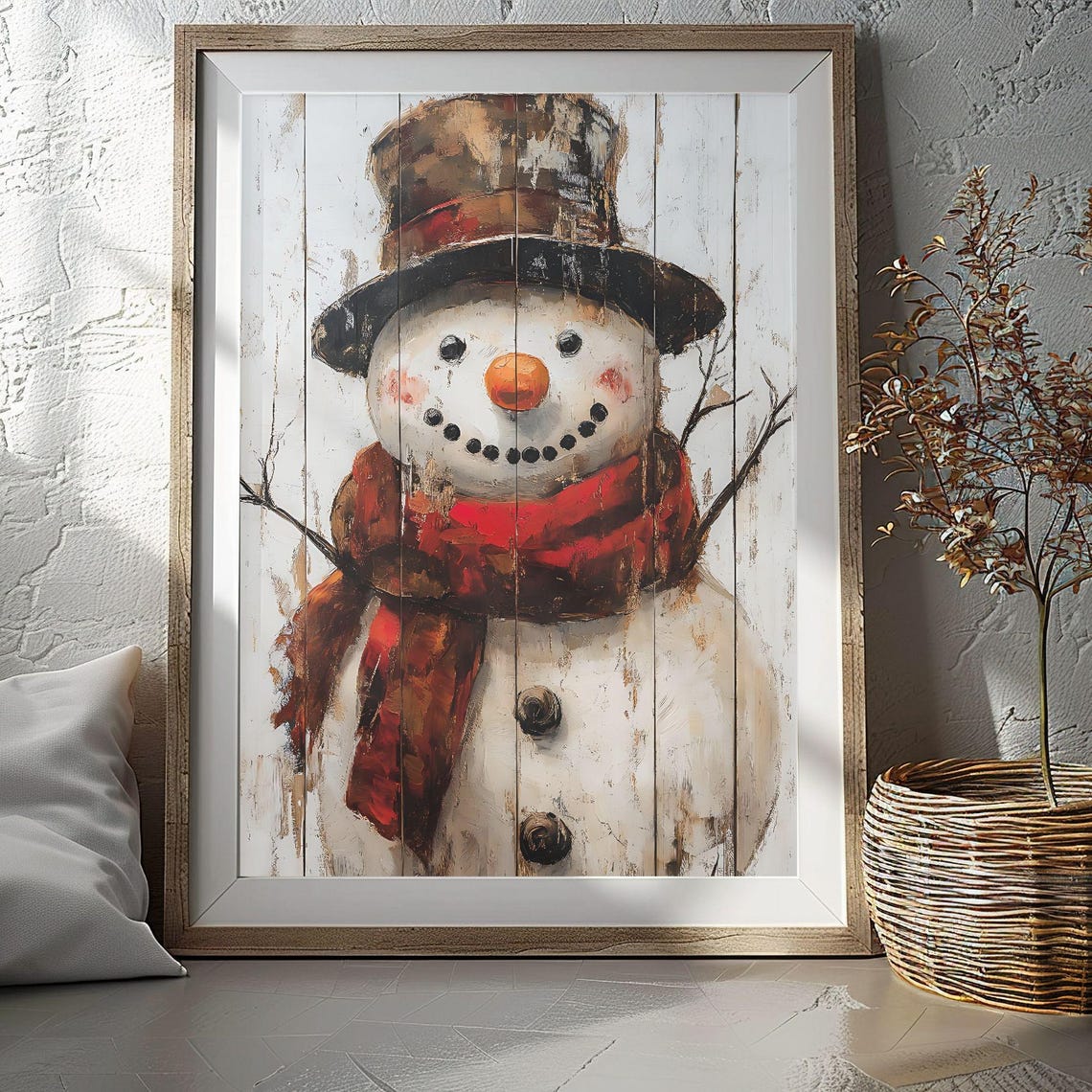 Rustic Snowman Top Hat Red Scarf Watercolor Wood Plank Poster
