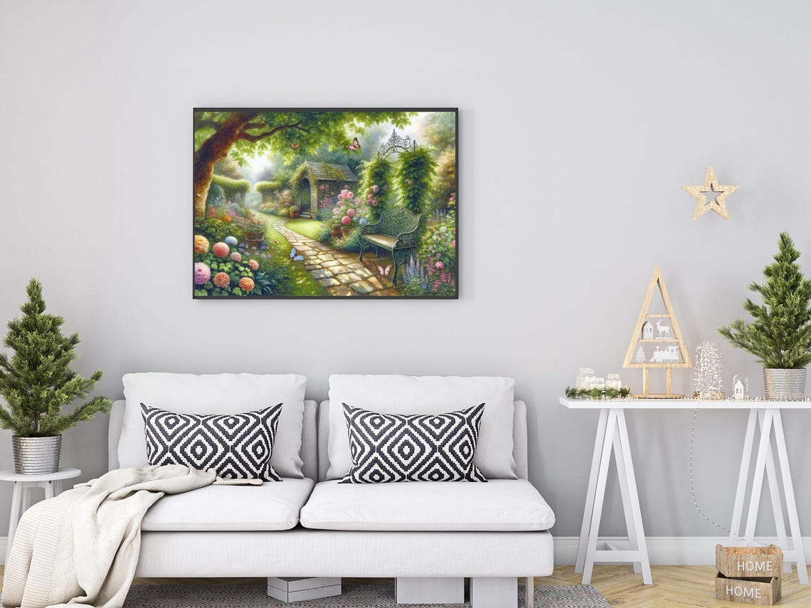 Vintage Garden Stone Path Bench Rose Blooms Cottage Art Poster - Image 3