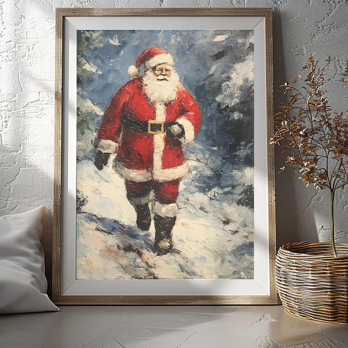 Santa Strolling Through Snow Vintage Style Christmas Wall Art
