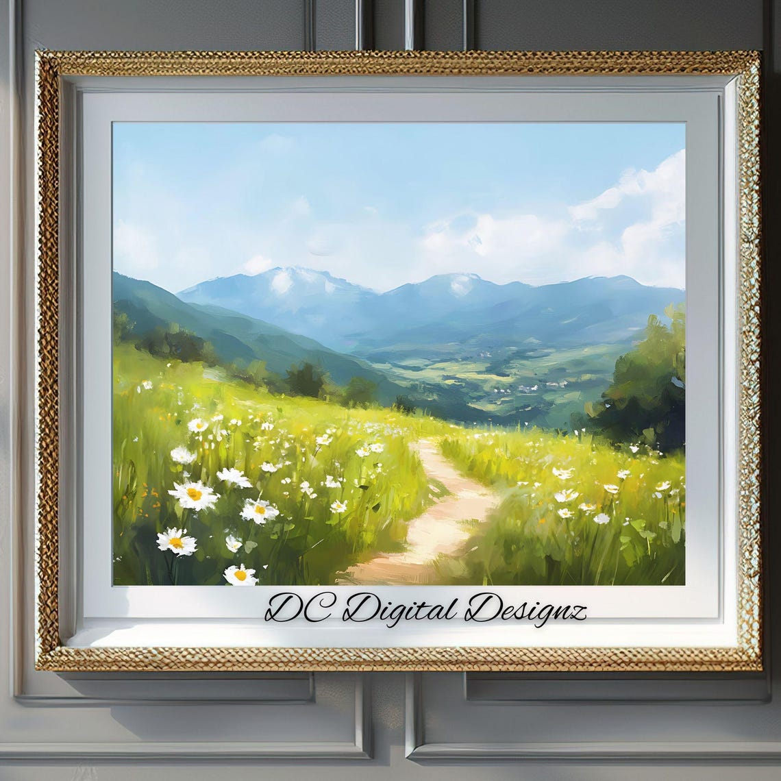 Daisy Field Meadow Winding Path Valley Mountains Painting Poster
