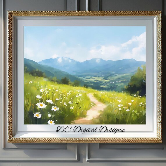 Daisy Field Meadow Winding Path Valley Mountains Painting Poster