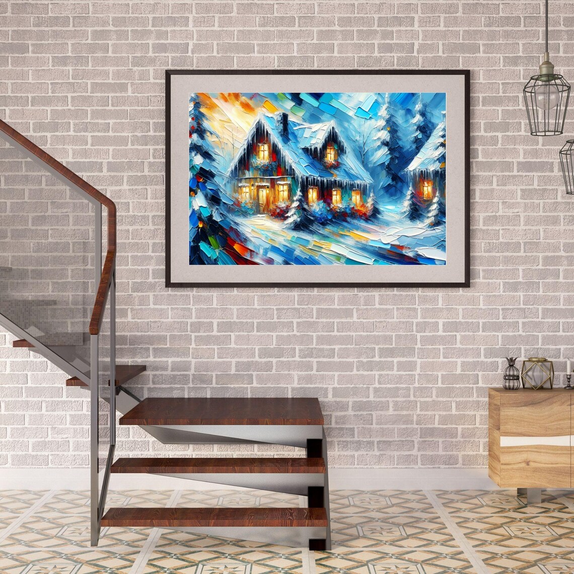 Snowy Blue Winter Cabin Warm Lights Palette Knife Holiday Poster - Image 2