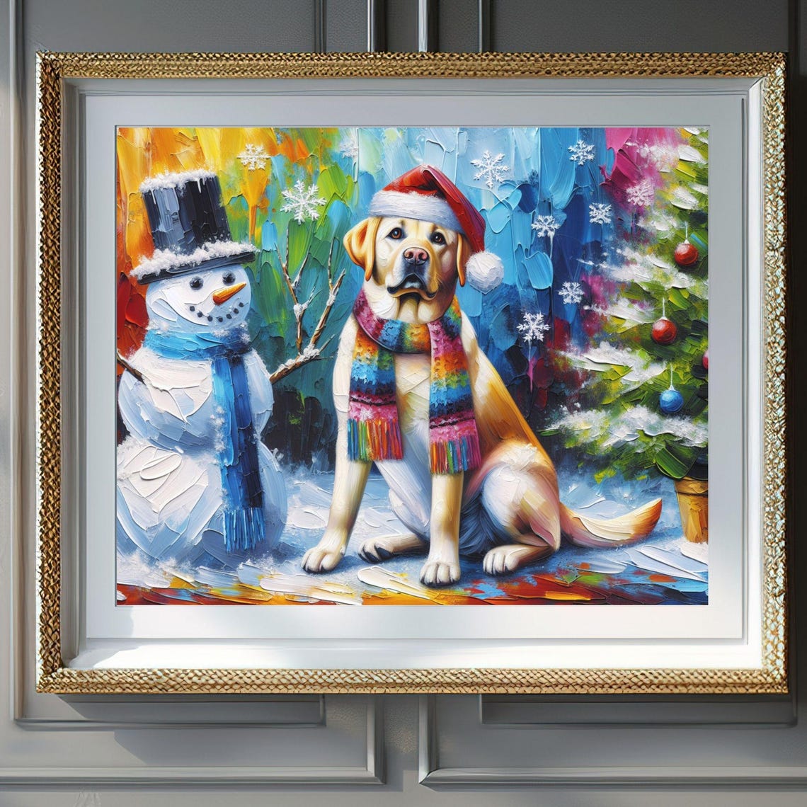 Labrador Retriever Snowman Santa Hat Colorful Winter Dog Poster