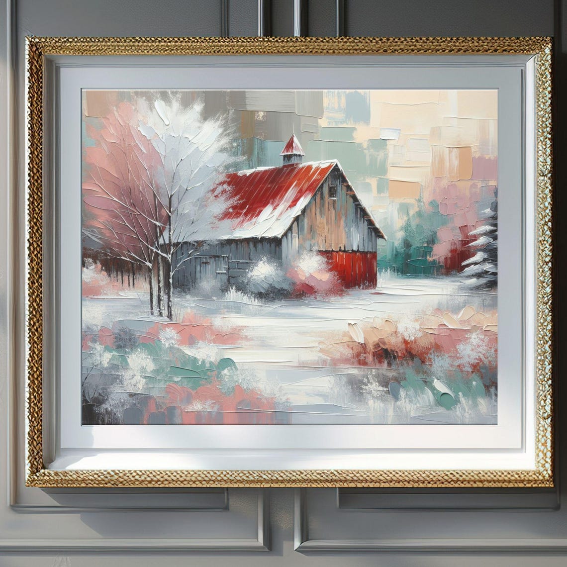 Charming Red Rustic Barn In Snowy Winter Farm Scene Wall Art