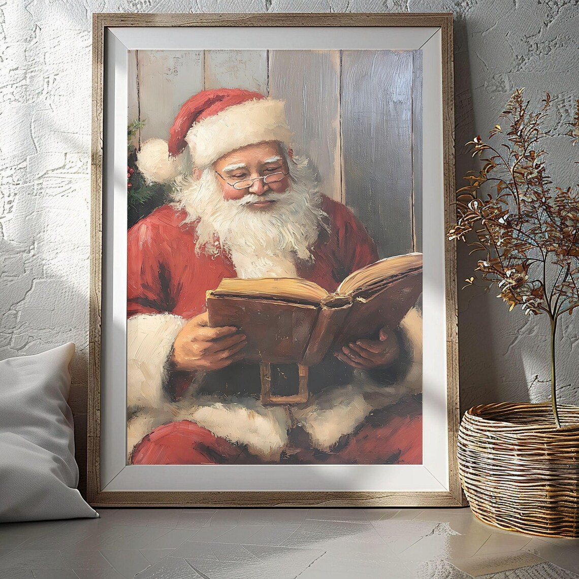 Santa Claus Reading Big Christmas Book Cozy Vintage Painting Poster